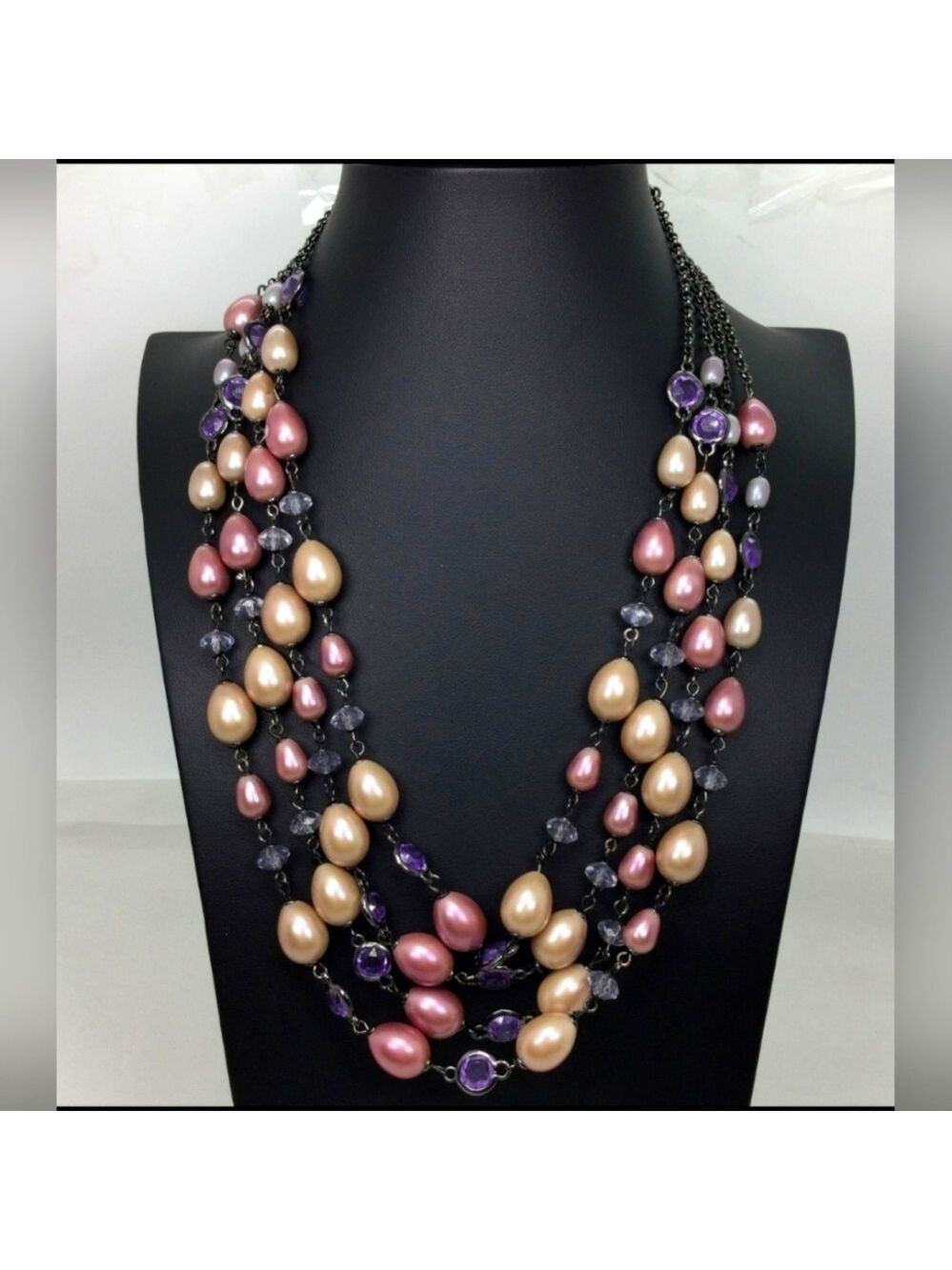 Talbots Faux Pearl & Rhinestone Multi Strand Necklace 32"